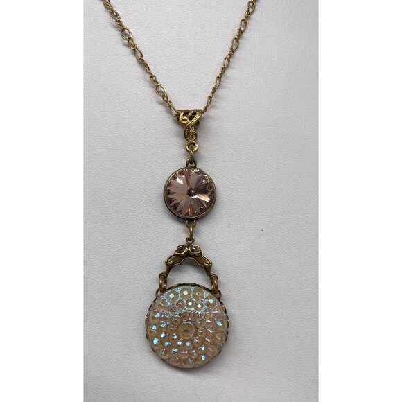 Grandmothers Buttons Rivoli Necklace & Earrings Set Gold-Tone & Pink & Iridescen - Picture 2 of 8